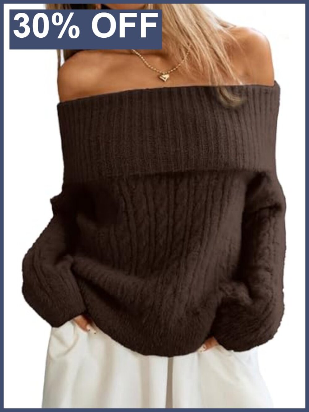 Off Shoulder Cable Knit Sweater Soft Oversized Pullover